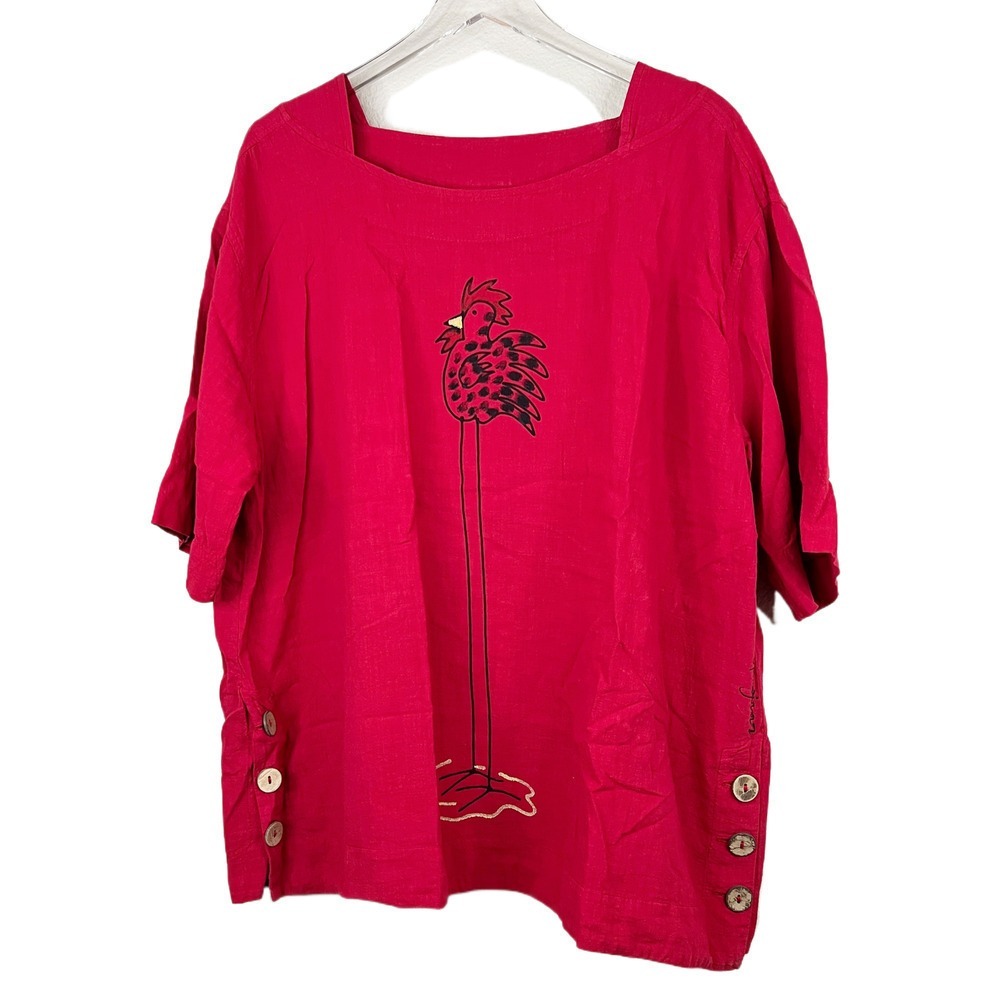 Laurie Jo Designs Red Crinkle Cotton‎ Tall Chicken Tunic Sz 1X